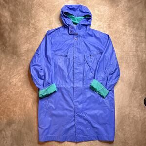 Vintage 80s Claiborne Rain Coat Hooded Blue Trench Textured Oversized Women's XL